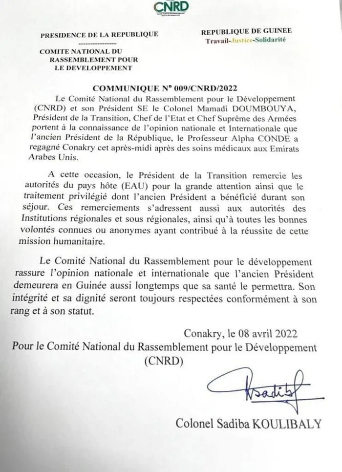 L’ex-Président Alpha Condé a regagné le bercail après des soins de santé aux Émirats arabes, annonce le CNRD (Communiqué) !!!