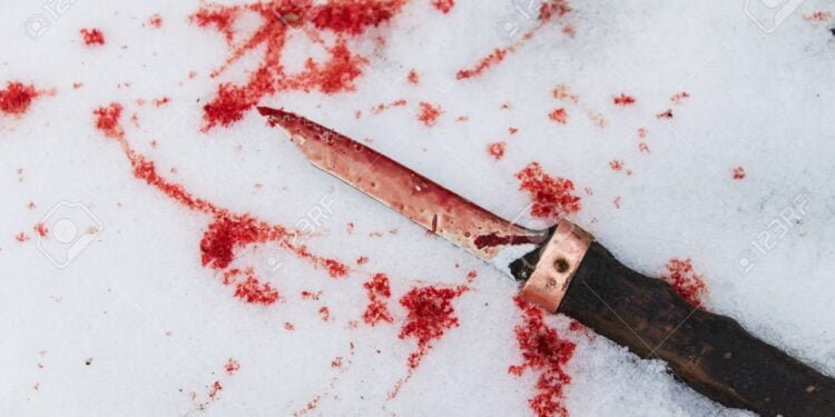 old dirty knife smeared with blood with blood drops in the snow. crime scene