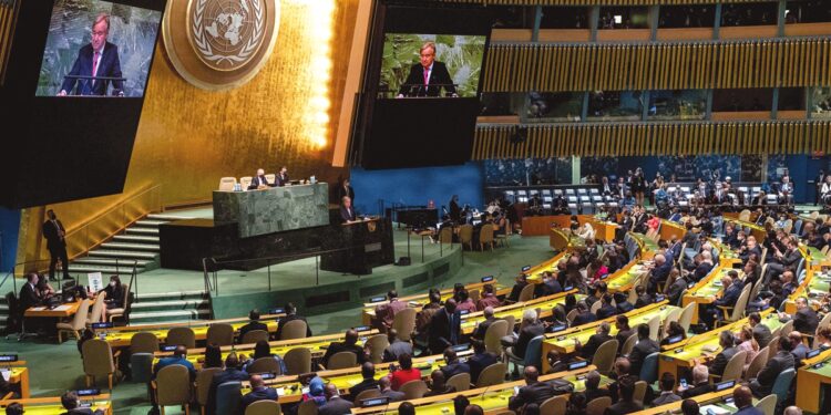 United Nations Secretary-General Antonio Guterres addresses the 77th session of the United Nations General Assembly at UN headquarters in New York City on September 20, 2022. (Photo by Yuki IWAMURA / AFP)