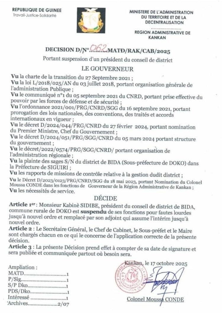 Doko (Siguiri) : le président du district Sèkè Bida suspendu pour  »fautes lourdes » (décision)