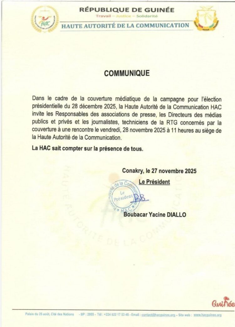 Election présidentielle en Guinée : la HAC convie les responsables des associations de Presse… à une réunion ce vendredi (communiqué)