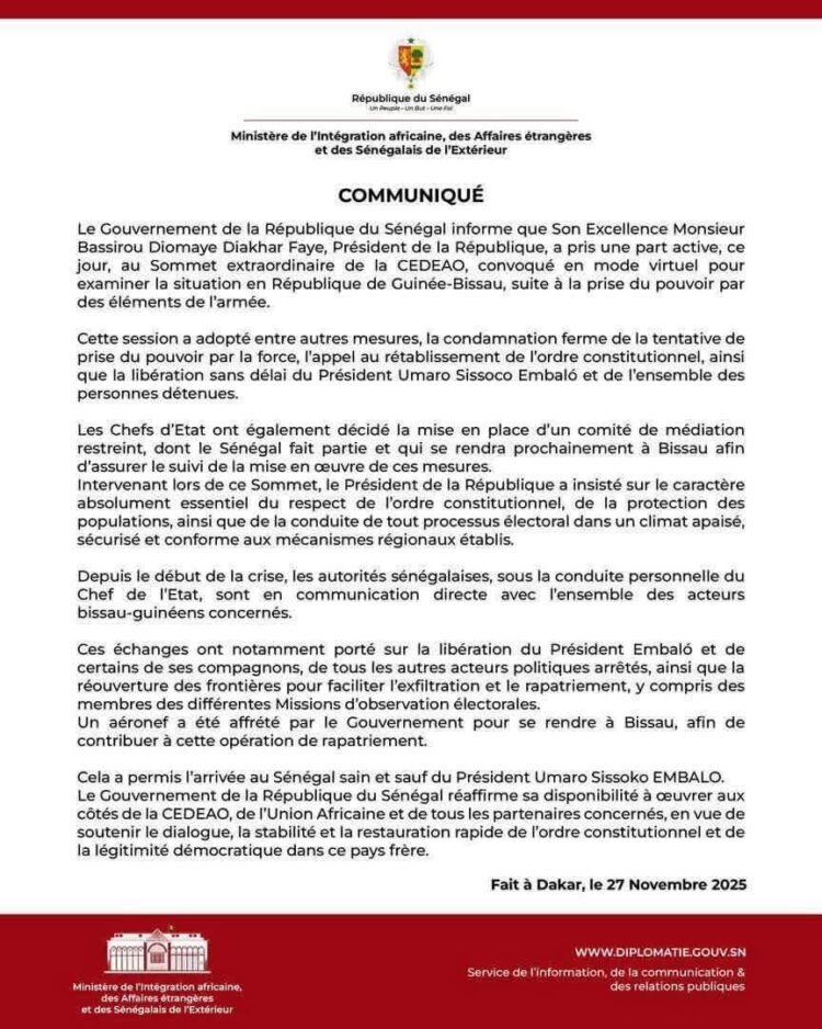 Guinée Bissau : Le Président dechu Emballo Sissoko « exfiltré » est arrivé à Dakar (officiel)