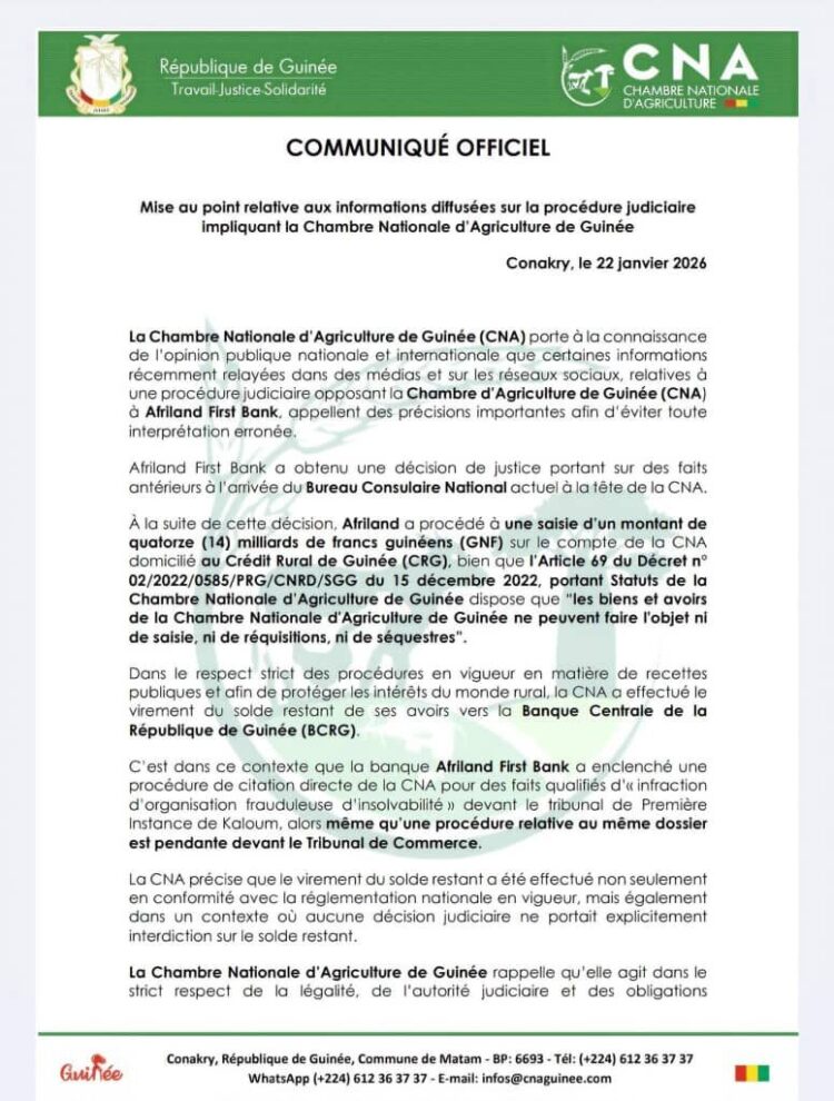 La Chambre Nationale d’Agriculture de Guinée clarifie les faits relatifs à une procédure judiciaire avec Afriland First Bank