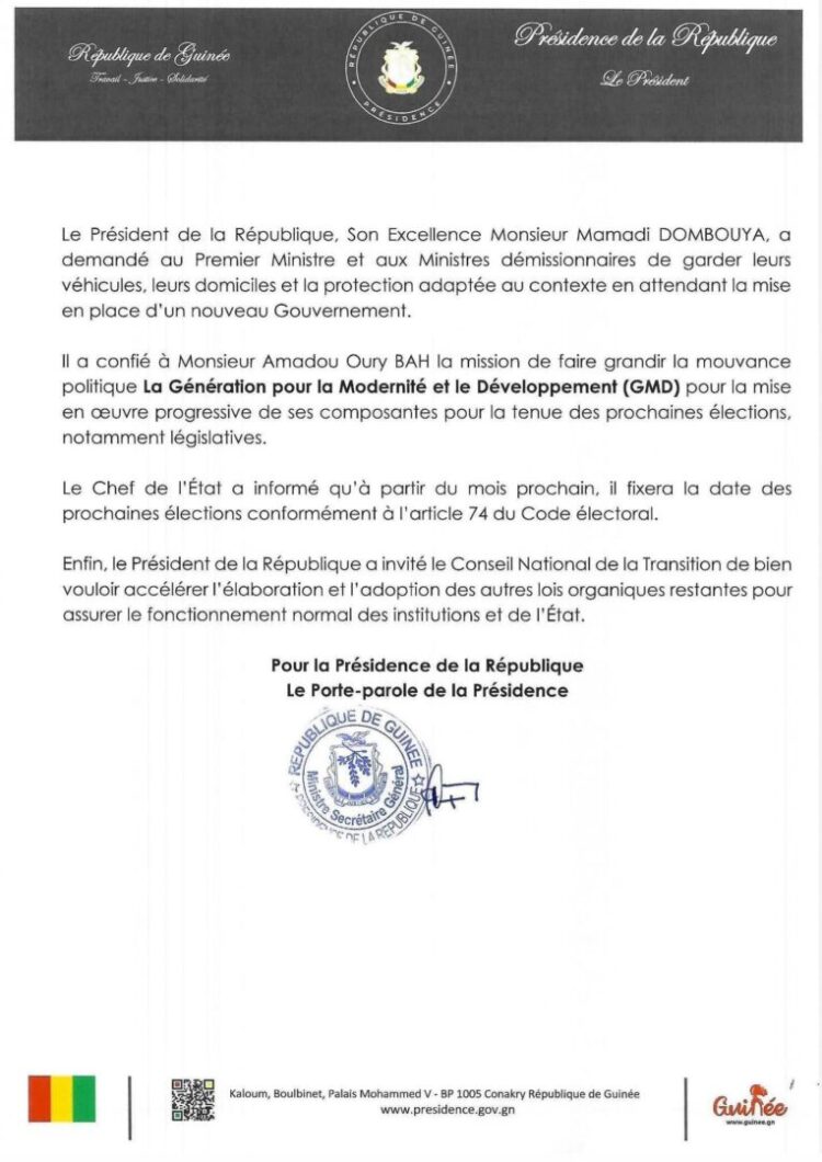 Guinée : démission du Gouvernement du PM Amadou Oury Bah (Communiqué)