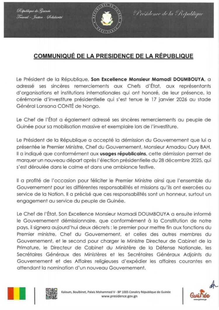 Guinée : démission du Gouvernement du PM Amadou Oury Bah (Communiqué)