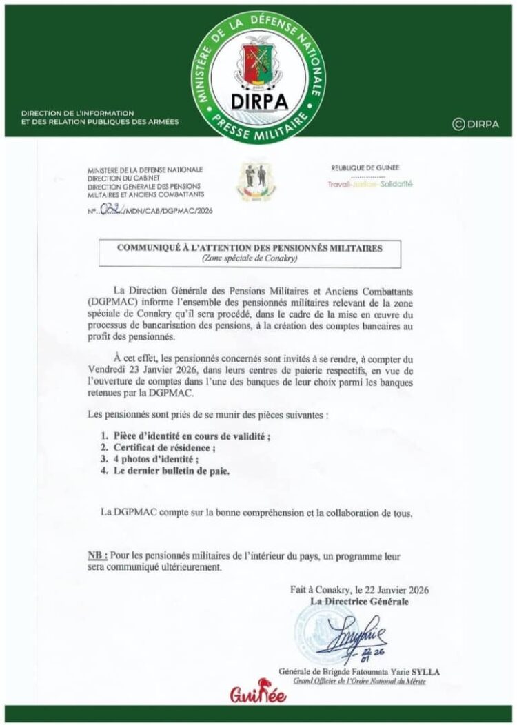 Bancarisation des pensions militaires à Conakry : ce qu’il faut savoir