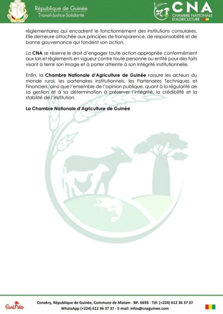La Chambre Nationale d’Agriculture de Guinée clarifie les faits relatifs à une procédure judiciaire avec Afriland First Bank