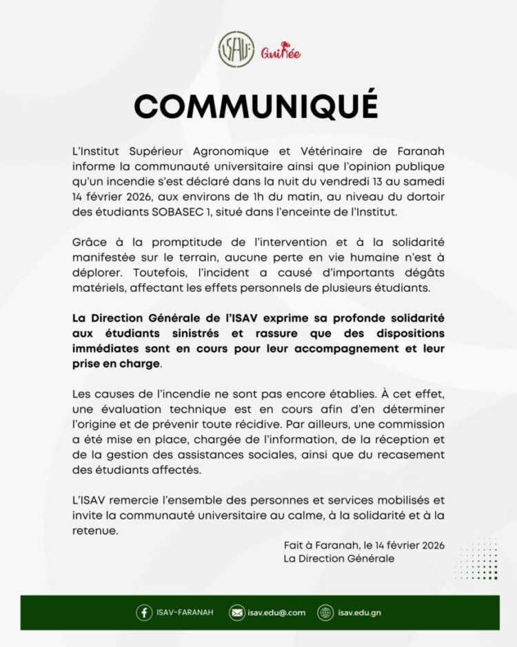 Un incendie frappe le dortoir de l’ISAV à Faranah, aucun décès enregistré mais d’importants dégâts matériels