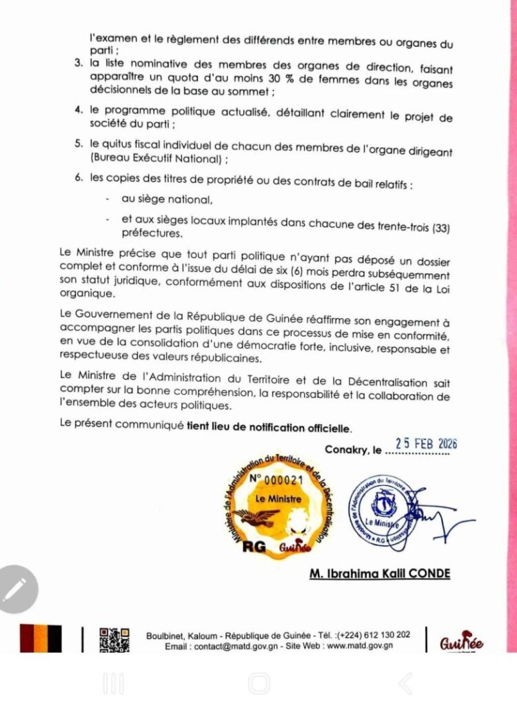 Guinée : le MATD informe les partis politiques de l’entrée en vigueur de la nouvelle loi organique les concernant (communiqué)