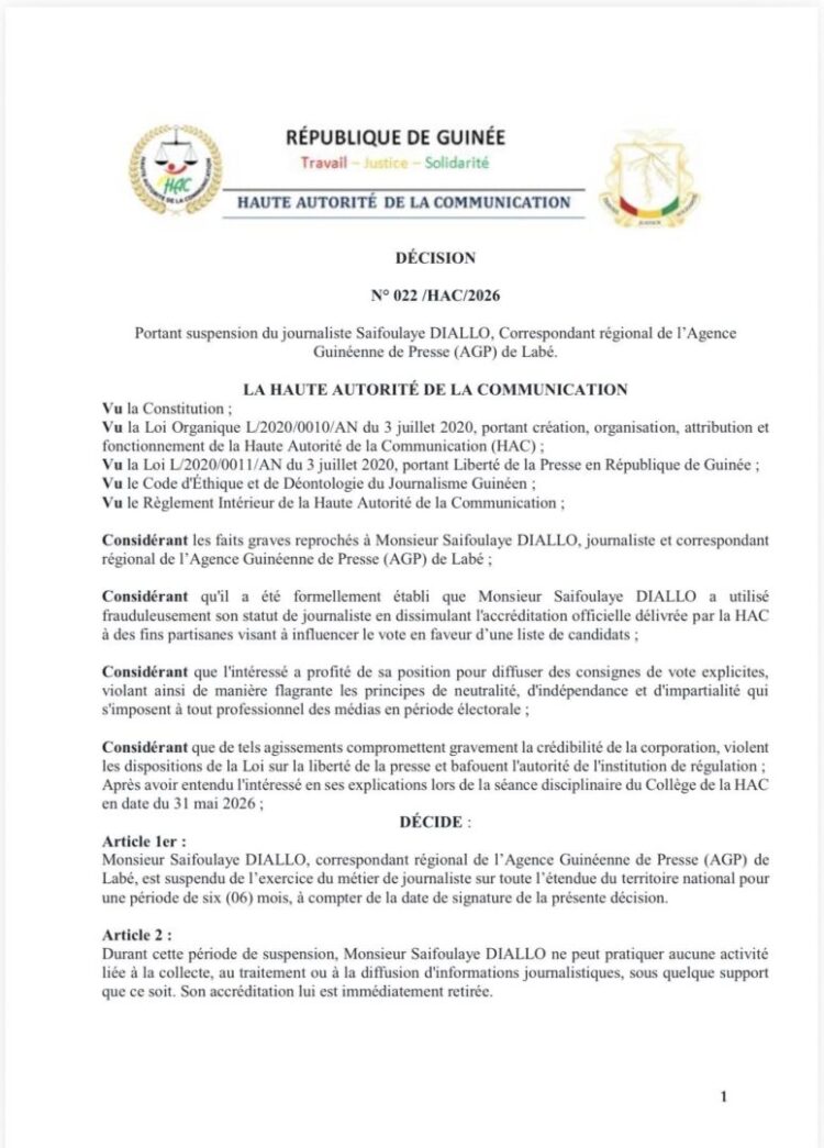 Guinée: La HAC suspend le correspondant régional de l’AGP á Labé pour six mois (Communiqué)