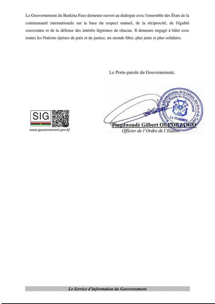URGENT : Rupture des relations diplomatiques entre le Burkina Faso et la République Française (COMMUNIQUÉ)