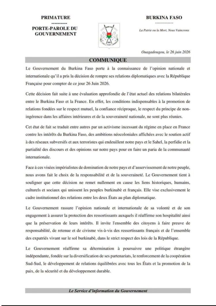 URGENT : Rupture des relations diplomatiques entre le Burkina Faso et la République Française (COMMUNIQUÉ)
