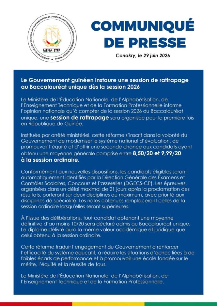 Education : une seconde chance sera offerte aux candidats ayant obtenu une moyenne générale comprise entre 8,50/20 et 9,99/20 à la session ordinaire (communiqué)