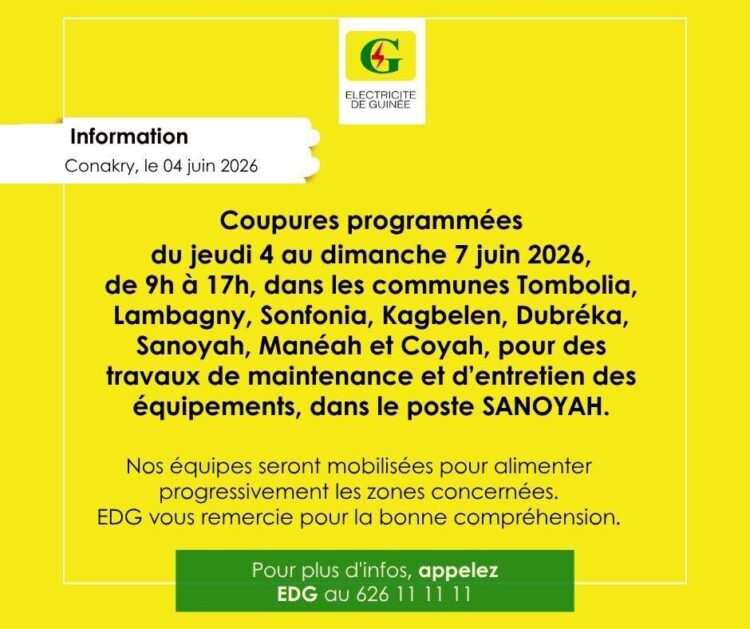 Conakry : EDG annonce des travaux d’entretien au poste stratégique de Sanoyah