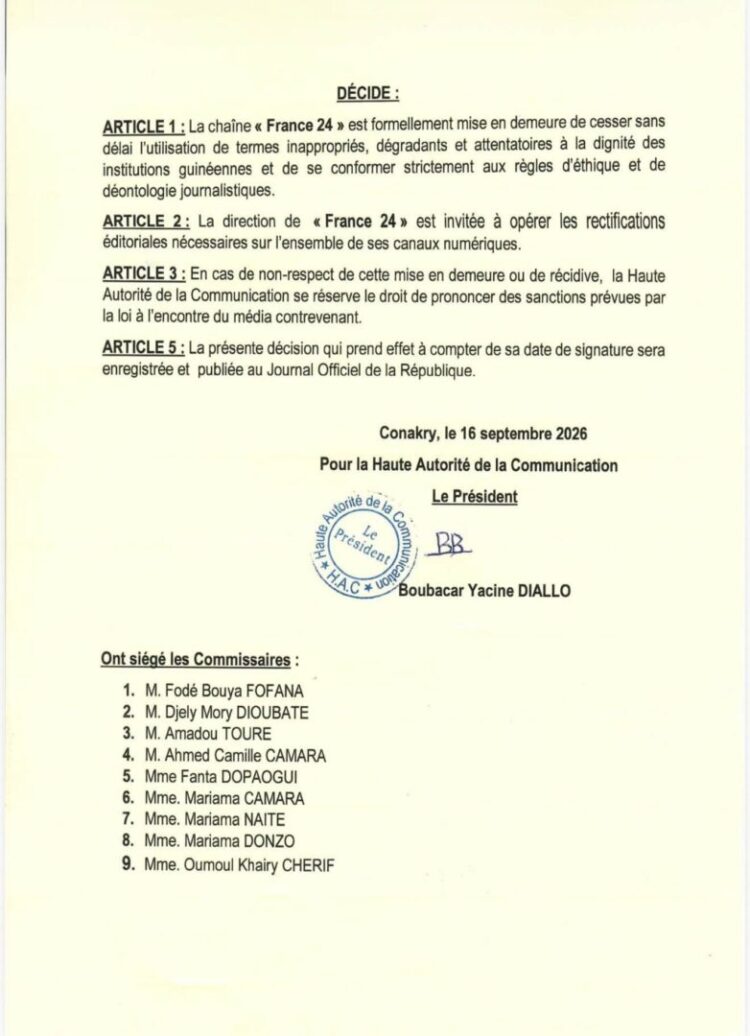 Médias/Guinée : vers une sanction sévère contre la chaîne France 24 par la HAC ? (raisons)