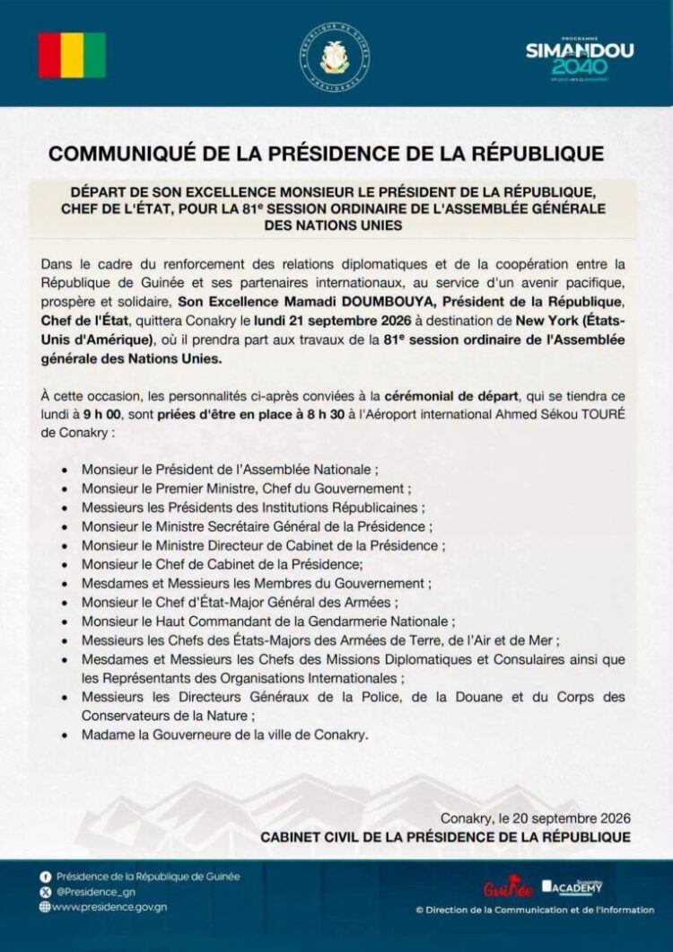 81ème session ordinaire de l’AG des Nations Unies : Le Président Doumbouya attendu à New York ce lundi