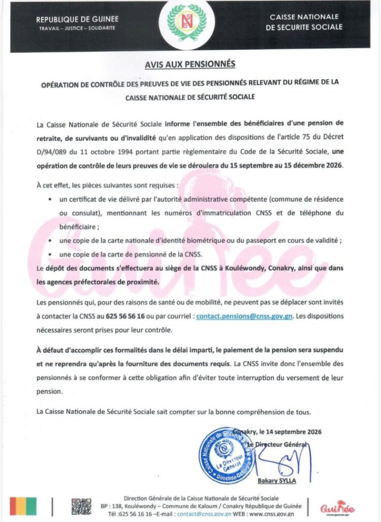 CNSS : la Direction générale annonce une opération de contrôle des preuves de vie des pensionnés (communiqué)