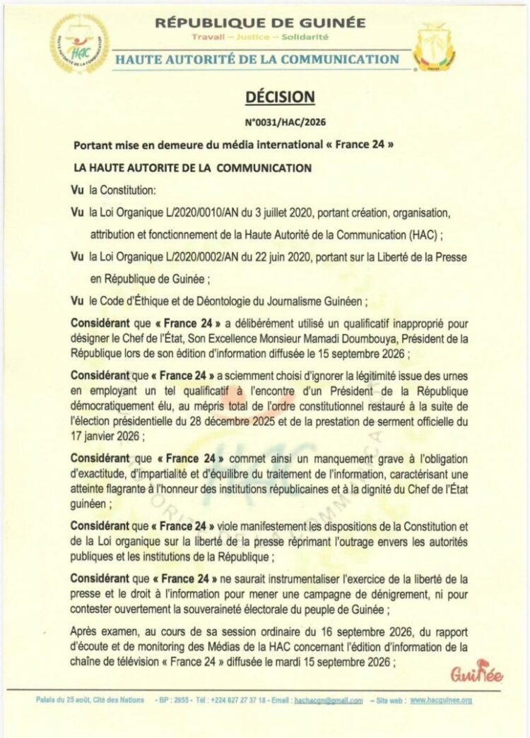 Médias/Guinée : vers une sanction sévère contre la chaîne France 24 par la HAC ? (raisons)