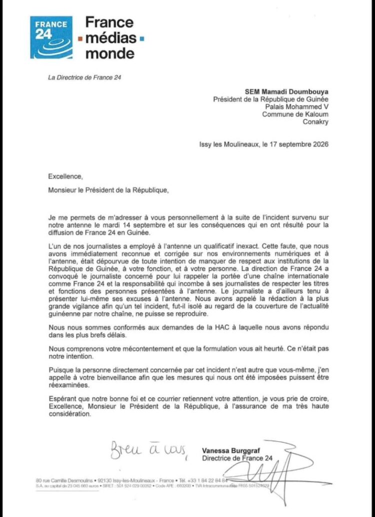 Interdiction de France 24 sur le territoire national guinéen : la Directrice de cette télévision écrit au Président Doumbouya (lettre)