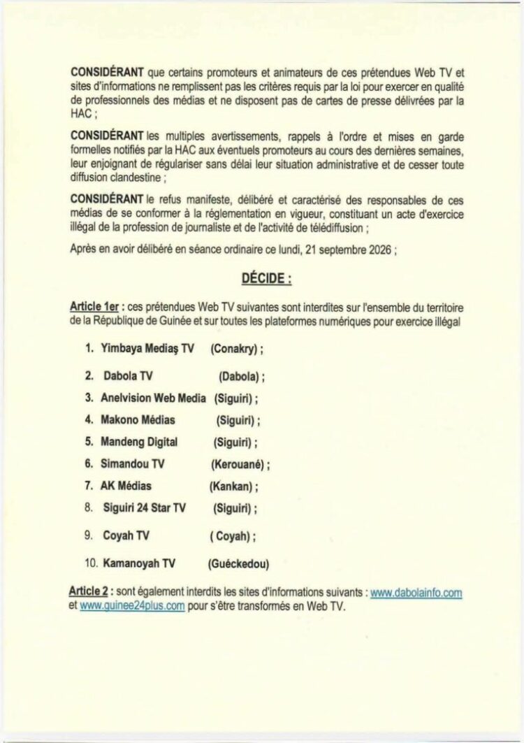 Médias : la HAC interdit l’exploitation et de diffusion de web TV et de sites d’informations (décision)