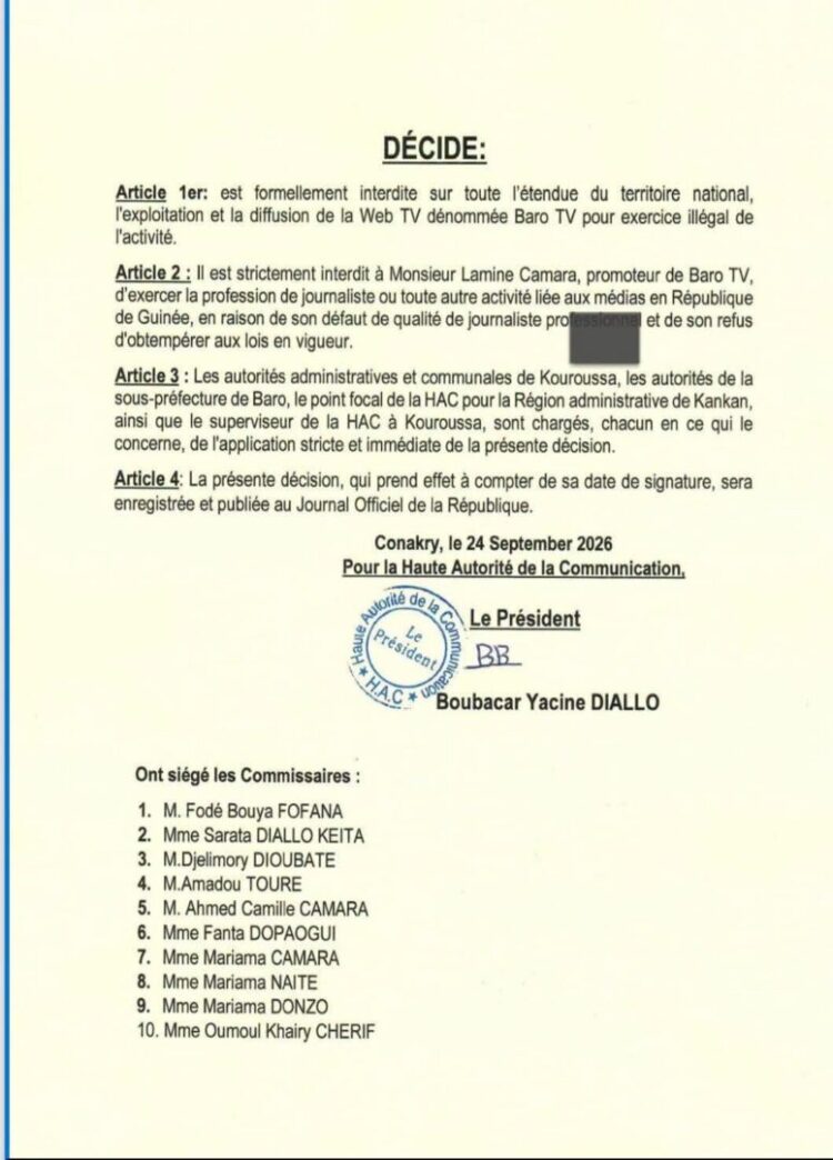Médias : la HAC interdit l’exploitation et de diffusion de la Web TV Baro TV (décision)