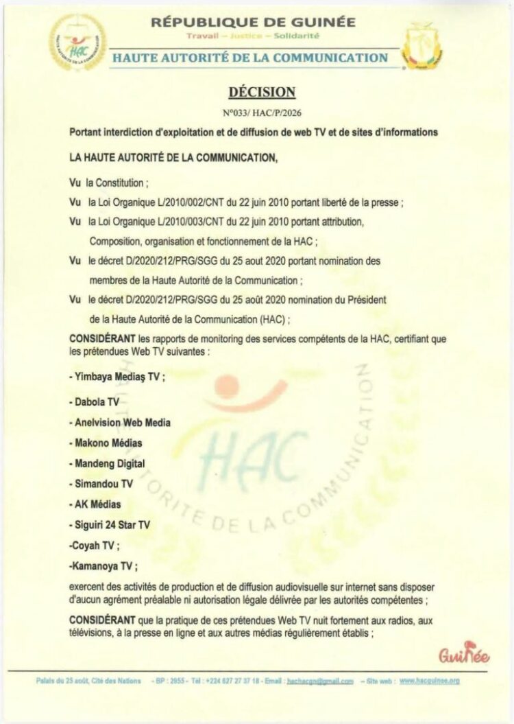 Médias : la HAC interdit l’exploitation et de diffusion de web TV et de sites d’informations (décision)