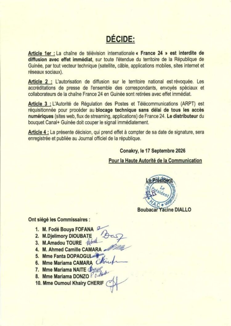 Guinée : la chaine de télévision « France 24 » interdite de diffusion sur tout le territoire
