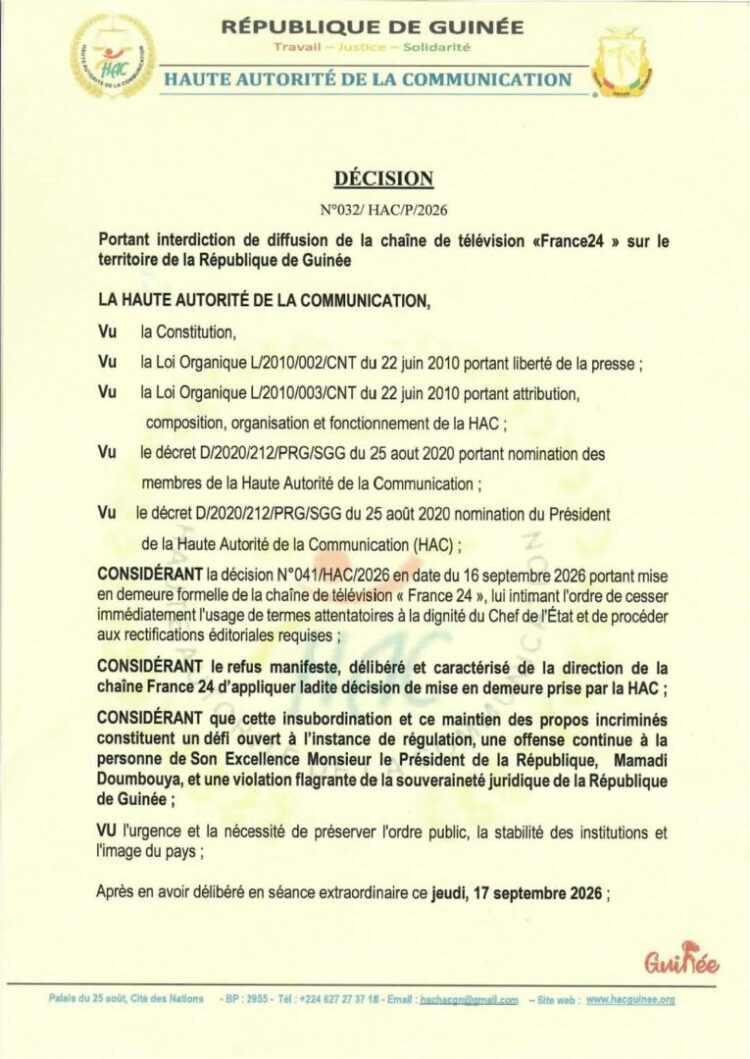 Guinée : la chaine de télévision « France 24 » interdite de diffusion sur tout le territoire