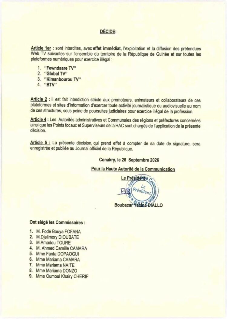 Médias/Guinée : la HAC interdit quatre Web TV pour ‘’exercice illégal’’ sur le territoire