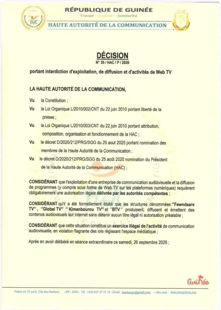 Médias/Guinée : la HAC interdit quatre Web TV pour ‘’exercice illégal’’ sur le territoire