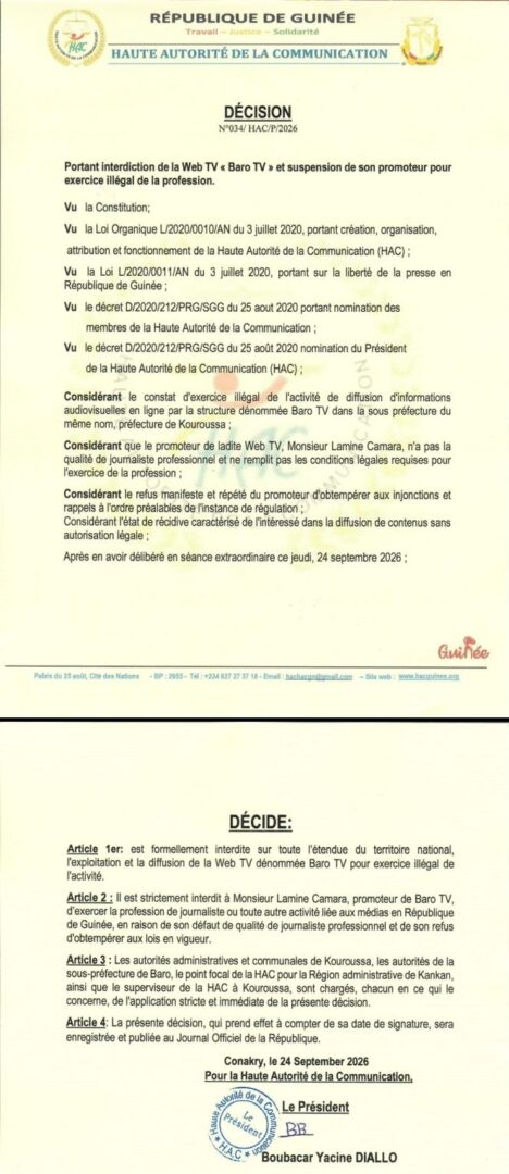 Médias : la HAC interdit l’exploitation et de diffusion de la Web TV Baro TV (décision)