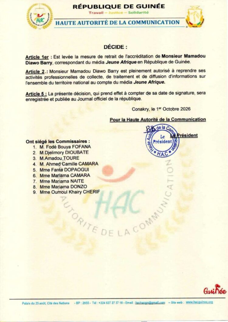 Médias/Guinée : l’accréditation du correspondant de Jeune Afrique réactivée (décision)