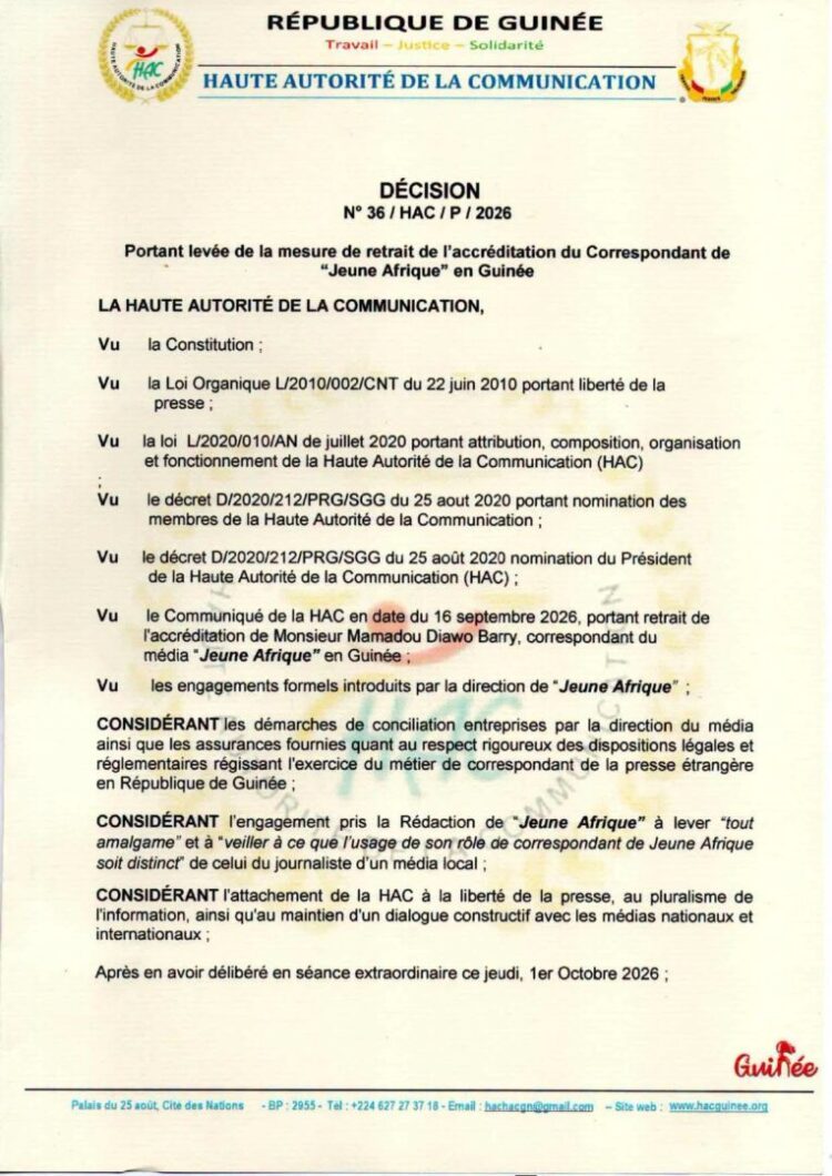 Médias/Guinée : l’accréditation du correspondant de Jeune Afrique réactivée (décision)